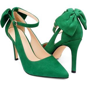 Womens Bow Knot Green High Heels Pointed Toe Stiletto Ankle Strap D'Orsay Pumps